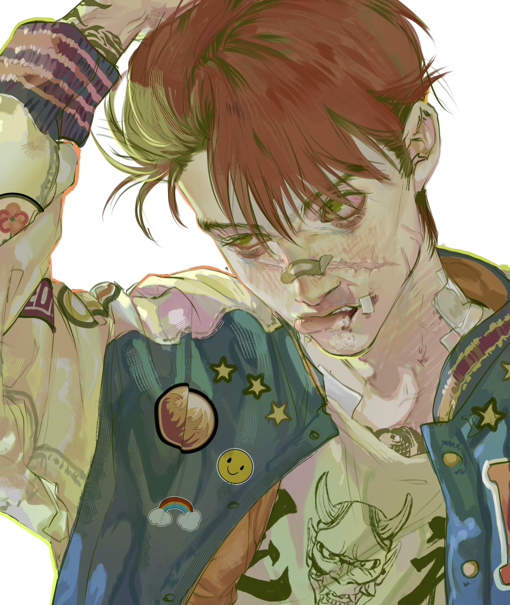 the image is a digital drawing of a young man with a punk/edgy aesthetic. he has vibrant red hair and noticeable scars across his nose and cheek. he's wearing a colorful, patchedup jacket and a white shirt underneath. visible on the shirt is a design of a green oni mask. the man's expression is brooding and intense, with green eyes that stand out. the art style is reminiscent of anime and manga.
