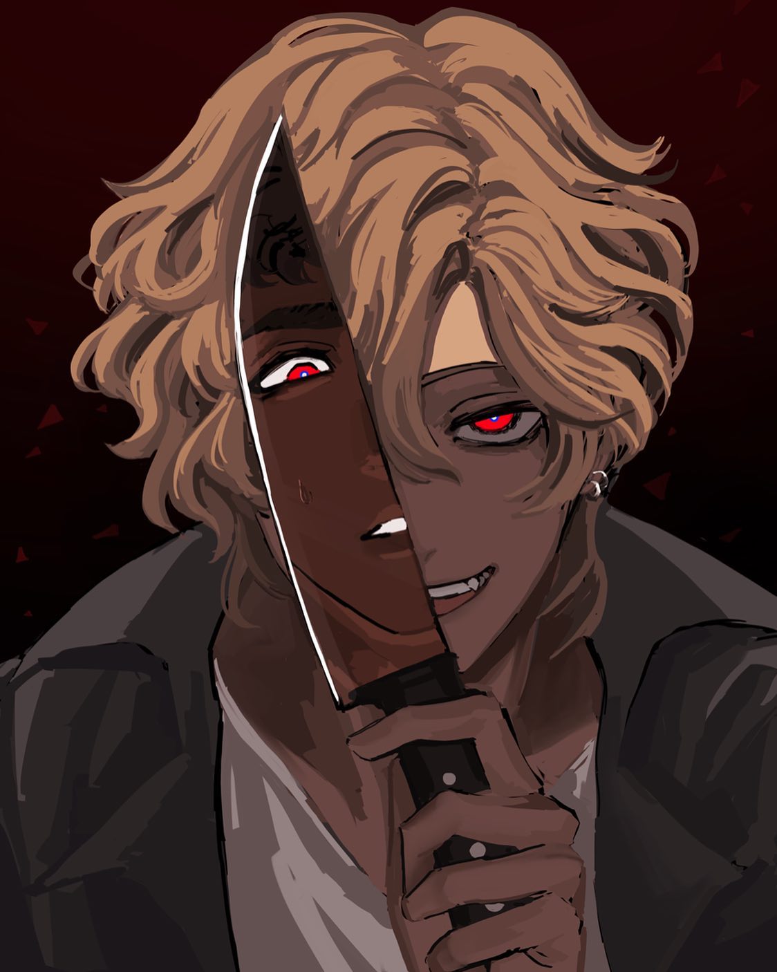 the image features an anime man with blonde hair covering his face with a large knife. the knife is sharp and gleaming, and the man's eyes are wide with a sinister glint.  the image is dark and mysterious, and it evokes a sense of danger and fear.
