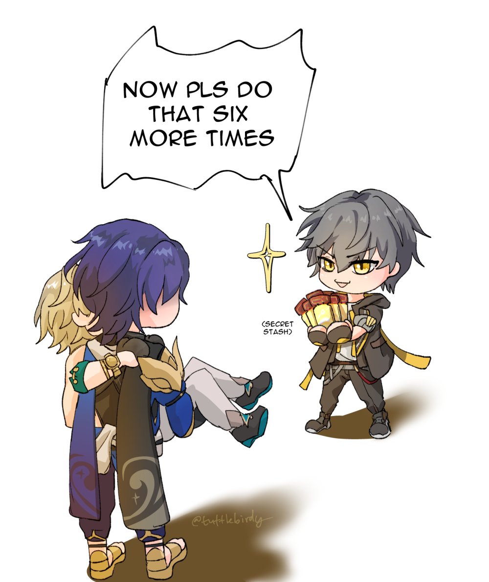 the image is a digital fanart drawing in a chibi style depicting characters from the video game genshin impact.  venti is being carried by xiao while a chibi scaramouche looks on holding a small bundle labeled "secret stash". a speech bubble above scaramouche says, "now pls do that six more times".  the art style is cute and playful, conveying a lighthearted and humorous scene between the characters.  the overall tone is light and friendly, possibly suggestive of a ship or close relationship between xiao and venti.
