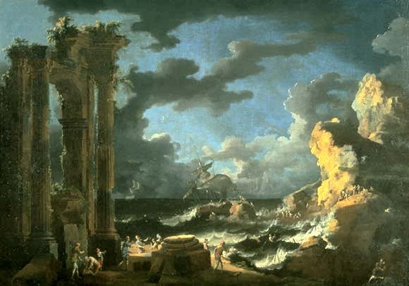 the painting depicts a stormy coastal landscape with classical ruins on the left and rugged cliffs on the right. in the middle, a shipwreck is taking place amidst rough waves. several figures are scattered along the coastline and around the ruins, appearing to be observers or survivors. the sky is filled with dramatic clouds, creating a sense of impending doom and chaos. the overall scene is characterized by a sense of drama, evoking the power of nature and the frailty of human endeavors.