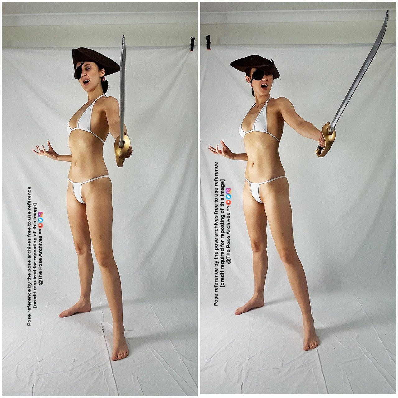 a woman in a white bikini and pirate hat strikes a dynamic pose, wielding a silver sword with a gold hilt. she stands against a plain white background in a studio setting. the image is a diptych, presenting the same pose from slightly different angles. the consistent, artificial lighting ensures clear visibility of the pose and the woman's physique. the image is intended as a reference for artists.
