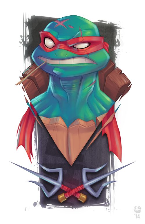 this is a digital illustration of a teenage mutant ninja turtles character. the character has a red mask, a green shell, and a bandana. he is holding sai in his hands and appears to be in a fighting stance.