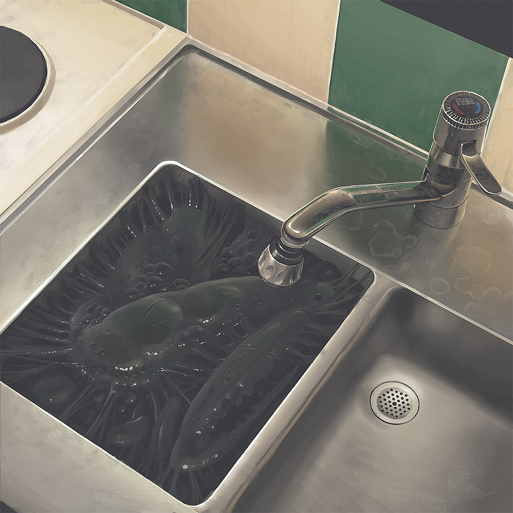 a stainless steel kitchen sink with a single basin is partially filled with dirty water. the water is dark and murky, and there are bubbles on the surface. the sink's drain is in the right side of the image. there is a faucet on the left side of the image with a black handle, and it is partially turned on and water is running into the sink, but not seen. there are some small, dirty water drops scattered on the right side of the sink. the sink is part of a larger counter, and the edge of it can be seen in the left side of the image, and the edge of a wall is to the right. the sink is in need of cleaning.