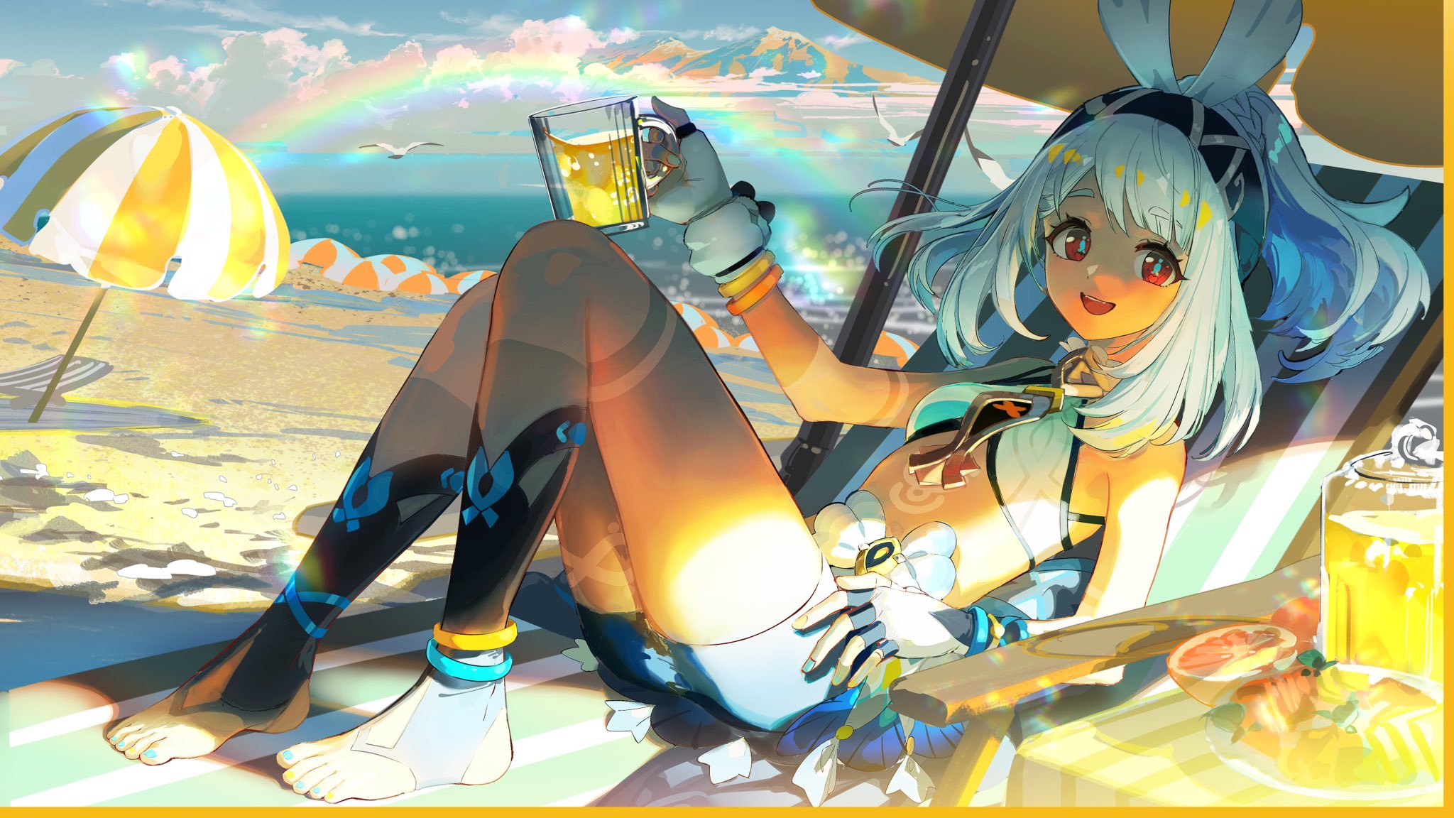 the image is a vibrant digital artwork depicting an animestyle girl with long, light blue hair styled with rabbit ears, relaxing on a beach chair. she's wearing a light blue and white swimsuit, long socks with blue patterns, and various accessories. the setting is a sunny beach with a striped beach umbrella, clear blue ocean, and a hint of a mountainous background. the girl is holding a glass of what looks like a light beer or juice.  there is another glass of a similar beverage and sliced grapefruit on a small table next to her. the overall style is highly stylized and expressive, similar to the art style in video games like genshin impact. the image conveys a feeling of summer relaxation and enjoyment.