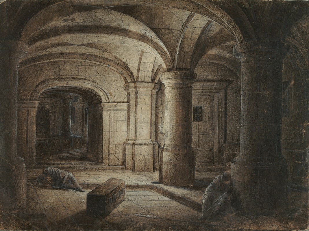 the image depicts an underground crypt with stone columns, arches, and vaulted ceilings. two monks are kneeling in the dimly lit space, suggesting a somber or religious setting. a tomb or sarcophagus is visible in the foreground, reinforcing the image's theme of death and mourning. the drawing is in sepia tones, contributing to an old and historical atmosphere.