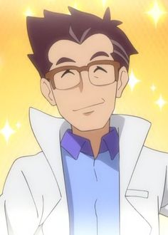 the image features a cartoon depiction of a man with a cheerful expression. he wears square glasses, has short, styled black hair, and is dressed in a white lab coat over a blue collared shirt. he seems to be set against a bright yellow background punctuated by stylized sparkles, creating an overall positive and enthusiastic ambiance.content: portraitpeople: manenvironment: bright, cheerfullighting: bright, evenperspective: frontalkw: anime, cartoon, scientist, professor, happy, sparkling, lab coat, glasses, closeup