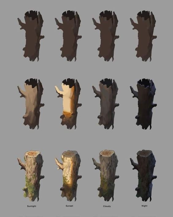 the image shows a study of a tree trunk under different lighting conditions. the top row shows the trunk in sunlight, sunset, cloudy, and night lighting. the middle row shows the trunk with different levels of detail. the bottom row shows the trunk with different textures.