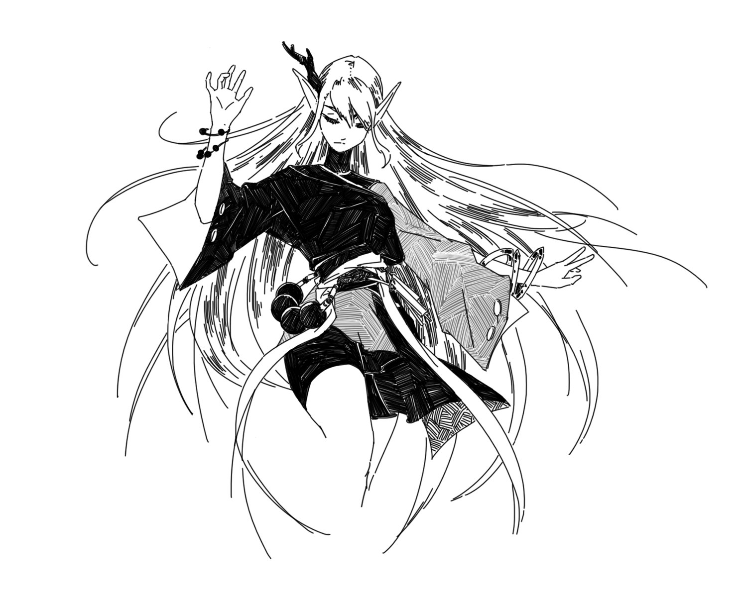 the image is a black and white, handdrawn illustration of an anime or mangastyle female elf character. she has long, flowing hair that extends outward, giving a sense of motion.  the elf is elegantly posed with her arms slightly extended.  she wears a dark, kimonoinspired outfit with some textured details suggesting fabric folds. the style is expressive and uses varied line weights to create depth and shadow. the overall aesthetic is mystical and ethereal.  the drawing is done in a style that suggests ink or pen on paper.