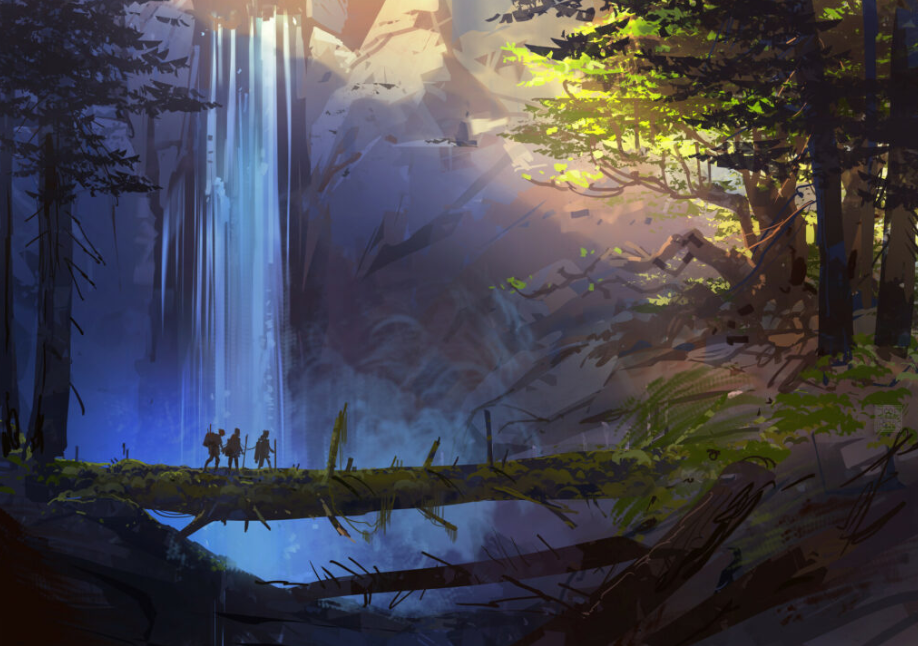 the image depicts a group of four adventurers traversing a fallen log bridge over a clear blue river. a majestic waterfall cascades down a towering cliff face in the background, its mist creating a hazy, ethereal atmosphere. lush greenery and towering trees frame the scene, their leaves dappled with warm sunlight. the overall mood is one of serene beauty and epic adventure.