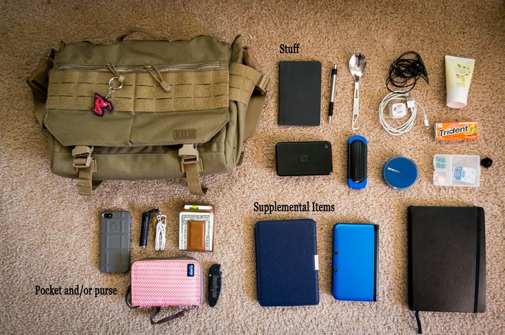 a brown messenger bag sits in the center of the image. it's laid out flat, unzipped, and all the items are spread out in a semicircle. the items are all the everyday essentials such as a wallet, phone, notepad, keys, a pen, a toothbrush, and a small bag of gum.