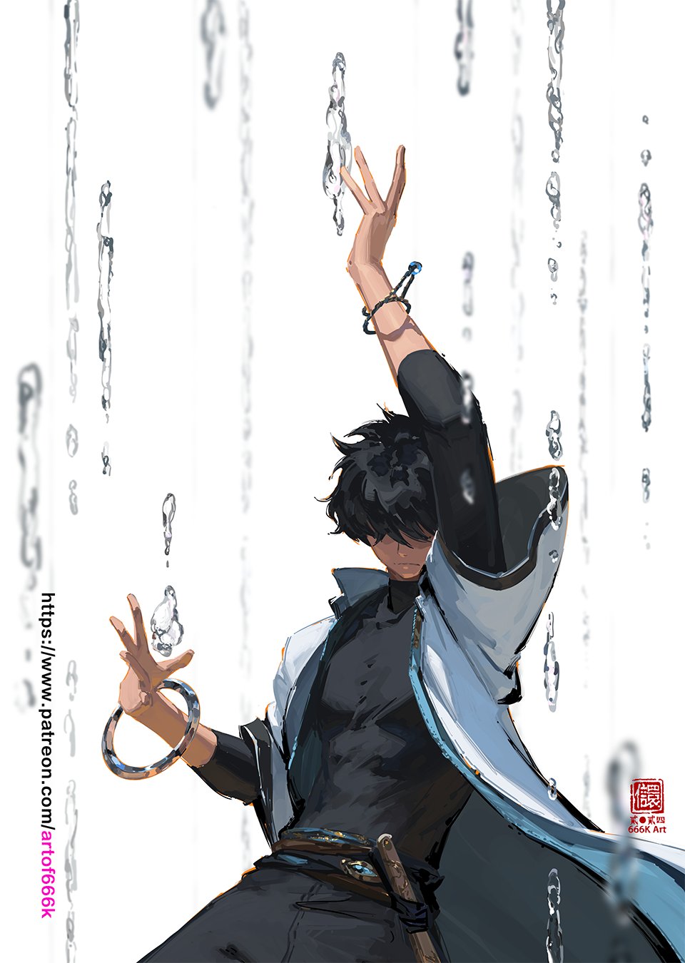 the image showcases a digital painting of an animestyle male character. he possesses dark hair, dark eyes, and is dressed in a stylish, dark and light blue outfit adorned with jewelry. he appears to be magically manipulating water droplets falling around him, creating a dynamic and artistic scene. the art style is vibrant and highly detailed, creating an aesthetically pleasing and captivating visual.  the background is simply white, focusing all attention on the character. an artist signature and patreon watermark are present.