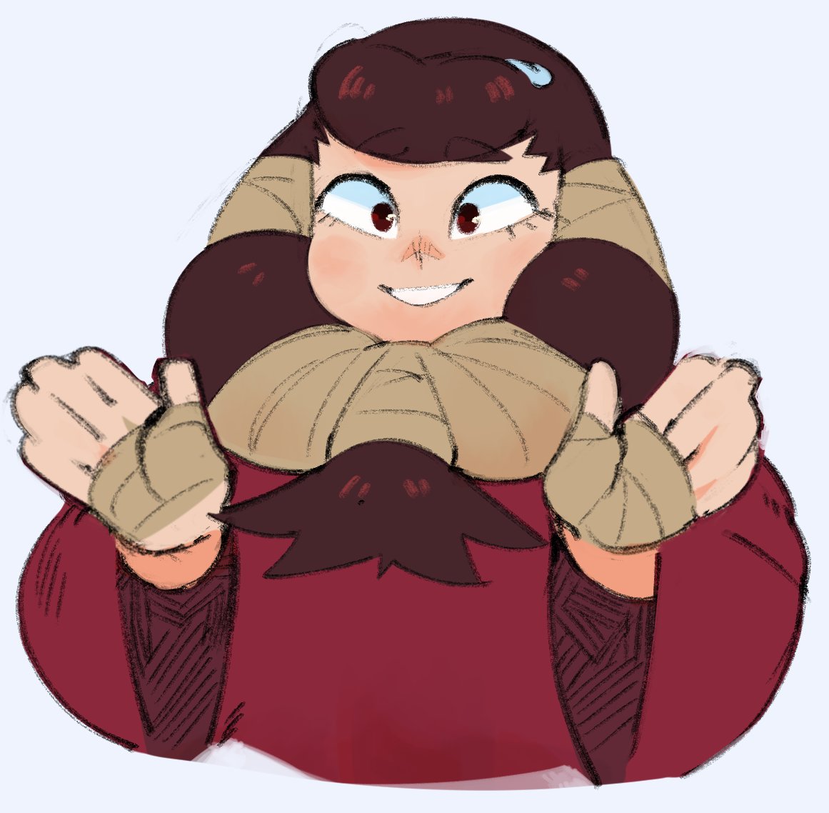 a cartoon girl with brown hair and red clothes is smiling excitedly with her hands outstretched in the air. she is wearing a brown scarf, and it looks like it's a bit cold outside, but she is happy and warm.