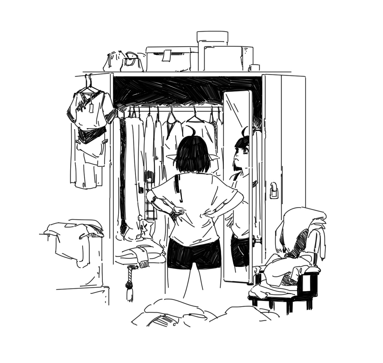 the image is a black and white line drawing, possibly in an anime or manga style, depicting a young woman standing in front of a fulllength mirror built into a cluttered wardrobe.  she is looking at her reflection, which is also visible in the mirror.  the wardrobe is full of clothes, some hanging neatly on racks and others piled on shelves. the room is slightly messy with clothes and other items strewn about. the style is casual and slightly chaotic, capturing a snapshot of everyday life. the drawing is expressive, with a focus on the emotion and posture of the young woman.