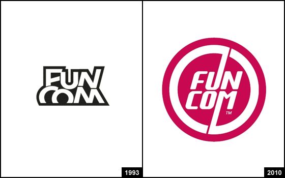 this image shows the evolution of the funcom logo. the left side of the image depicts the logo from 1993, which features a black and white typeface in a unique, overlapping style. the right side of the image showcases the logo from 2010, which features a bold, white typeface inside a red circle with a white outline. the redesigned logo emphasizes simplicity and clarity, with a strong visual impact. both logos are centered on a white background, allowing for clear visibility.