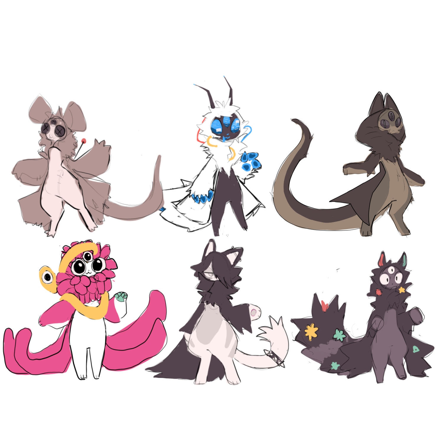 a digital drawing of 6 colorful cartoon creatures. the creatures all have different features, including large eyes, multiple arms, and fluffy tails. some are bipedal, while others have long tails.  the image appears to be a doodle or sketch with simple line art.