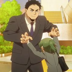 a man in a suit reaches out to a little girl with short green hair.  she reaches out to him.  they appear to be very happy to see each other.  the man is much taller than the girl. the image is done in the style of japanese anime.