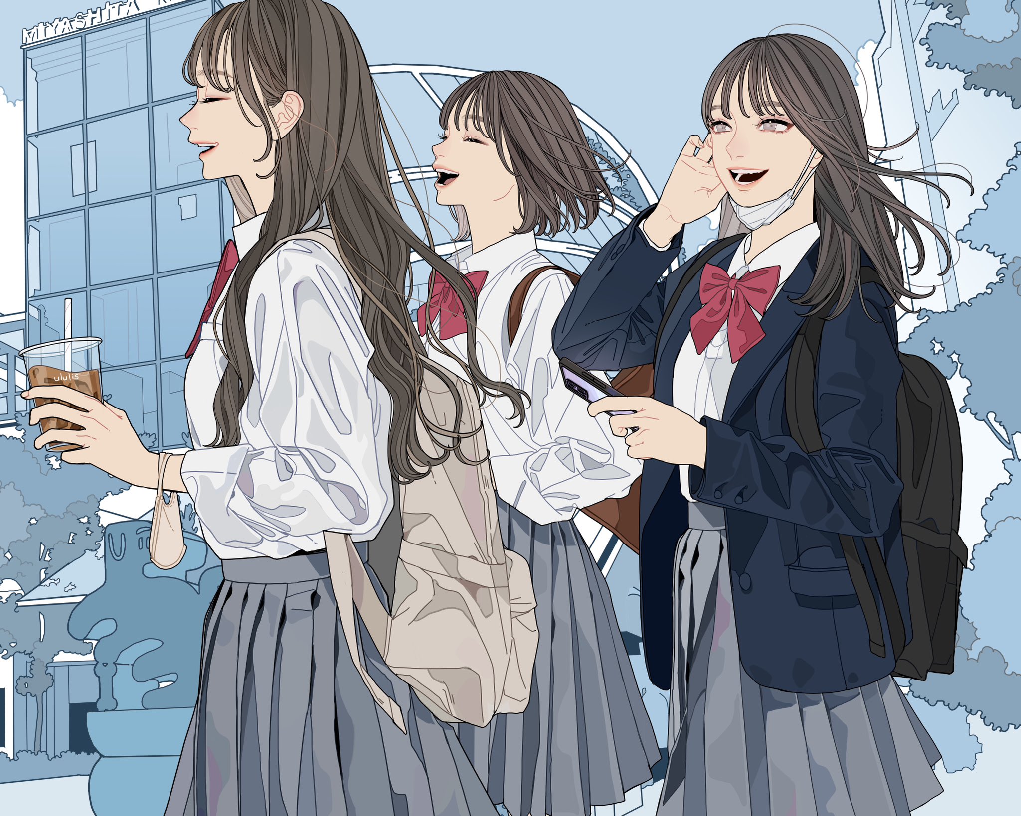 illustration in anime style of three girls in school uniforms, walking outdoors. the first girl on the left is holding a drink, the girl in the middle is carrying a backpack, and the girl on the right has a smartphone in hand and a mask hanging from her ear, wearing a blue blazer and a backpack. they are wearing pleated skirts and bow ties. in the background is a building and some trees.