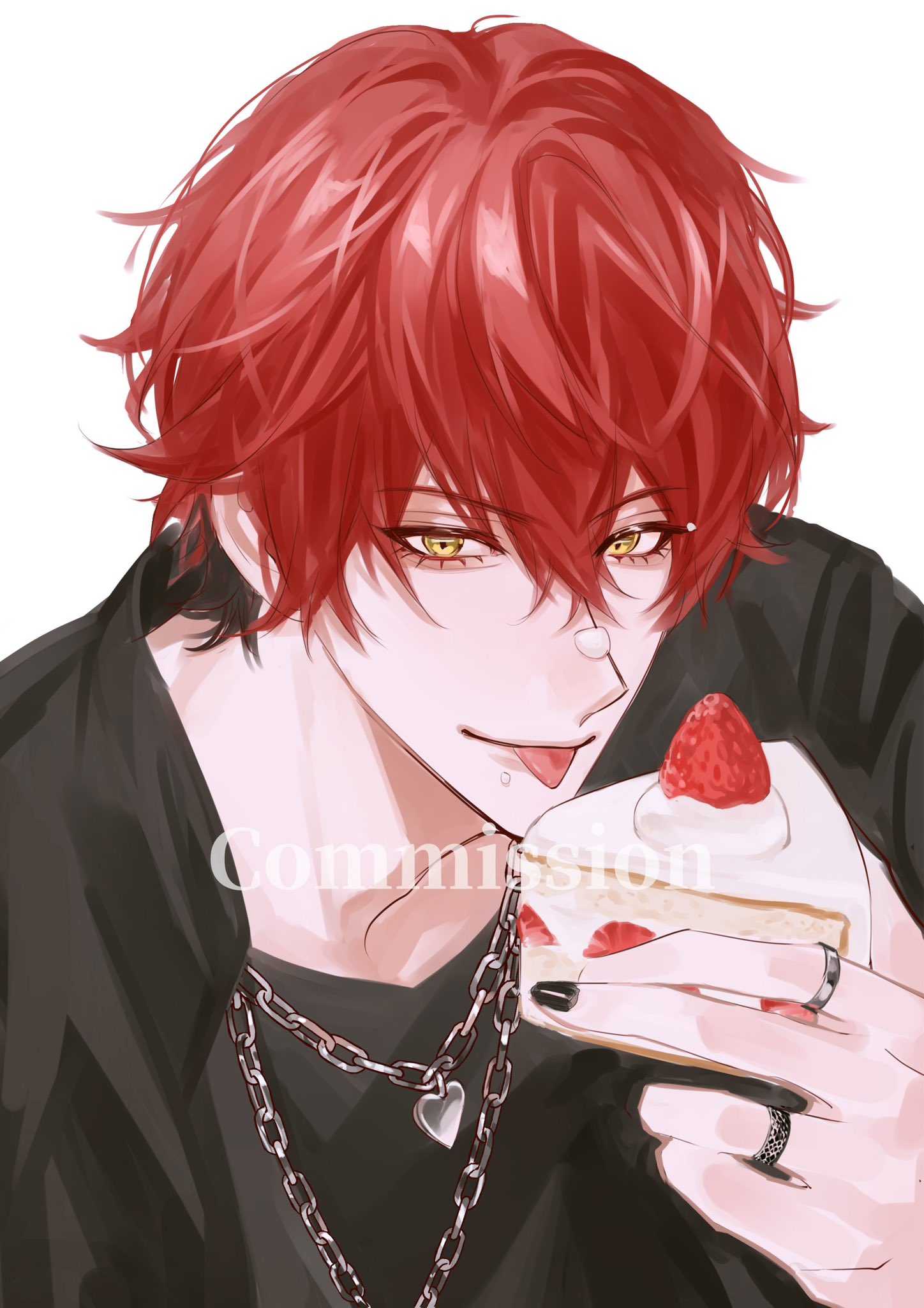 a digital drawing of a young man with red hair looking and smiling at a slice of strawberry cake he is holding. he is wearing a black shirt and a silver chain necklace with a silver heart pendant. he is also wearing a black ring on his right hand. he has black nails painted on his left hand.