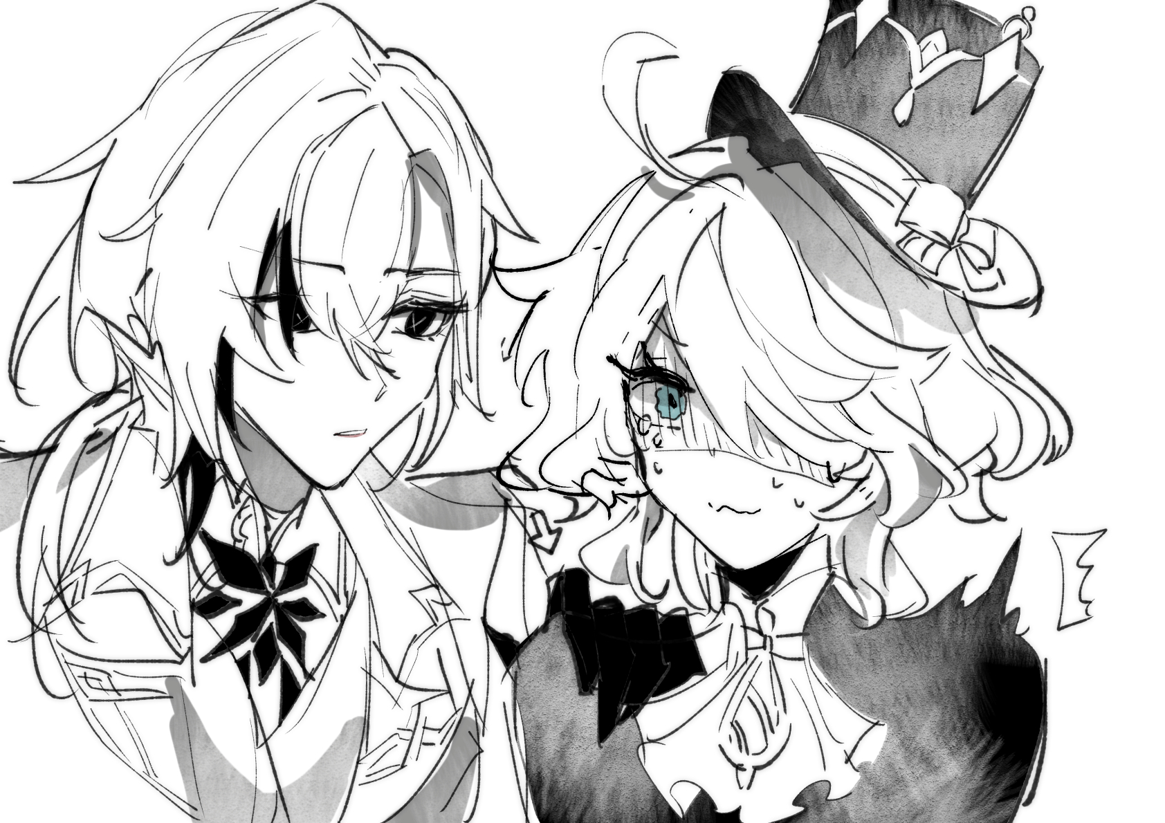 the image is a black and white mangastyle drawing of two female characters. the character on the left is a young woman with long white hair and a black bow tie. she is wearing a white shirt with intricate detailing. the character on the right is a young woman with long white hair and a black top hat. she is wearing a black dress with a white collar and a black bow tie. the two characters are looking at each other and smiling. the drawing is in a simplistic style with bold lines and shading. it is a cute and romantic image that suggests a close relationship between the two characters.