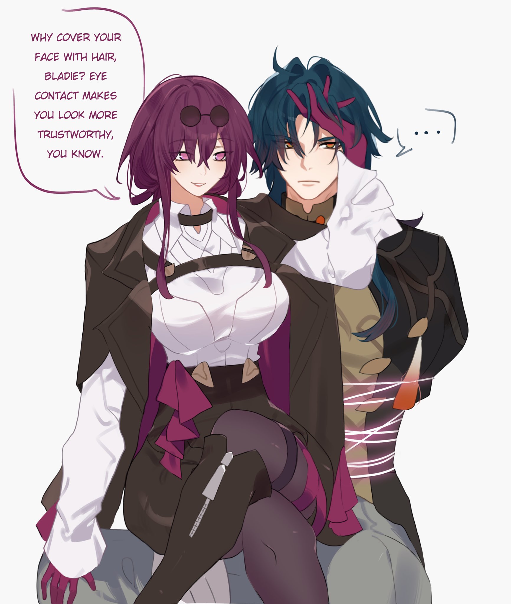 this is an illustration of an anime couple. the girl has purple hair, a white shirt, a brown jacket, and pink clothing. the boy has black hair, a white shirt, and a black jacket. they are both smiling and looking at each other. they are holding hands. the background is a white solid background with dialogue balloons.