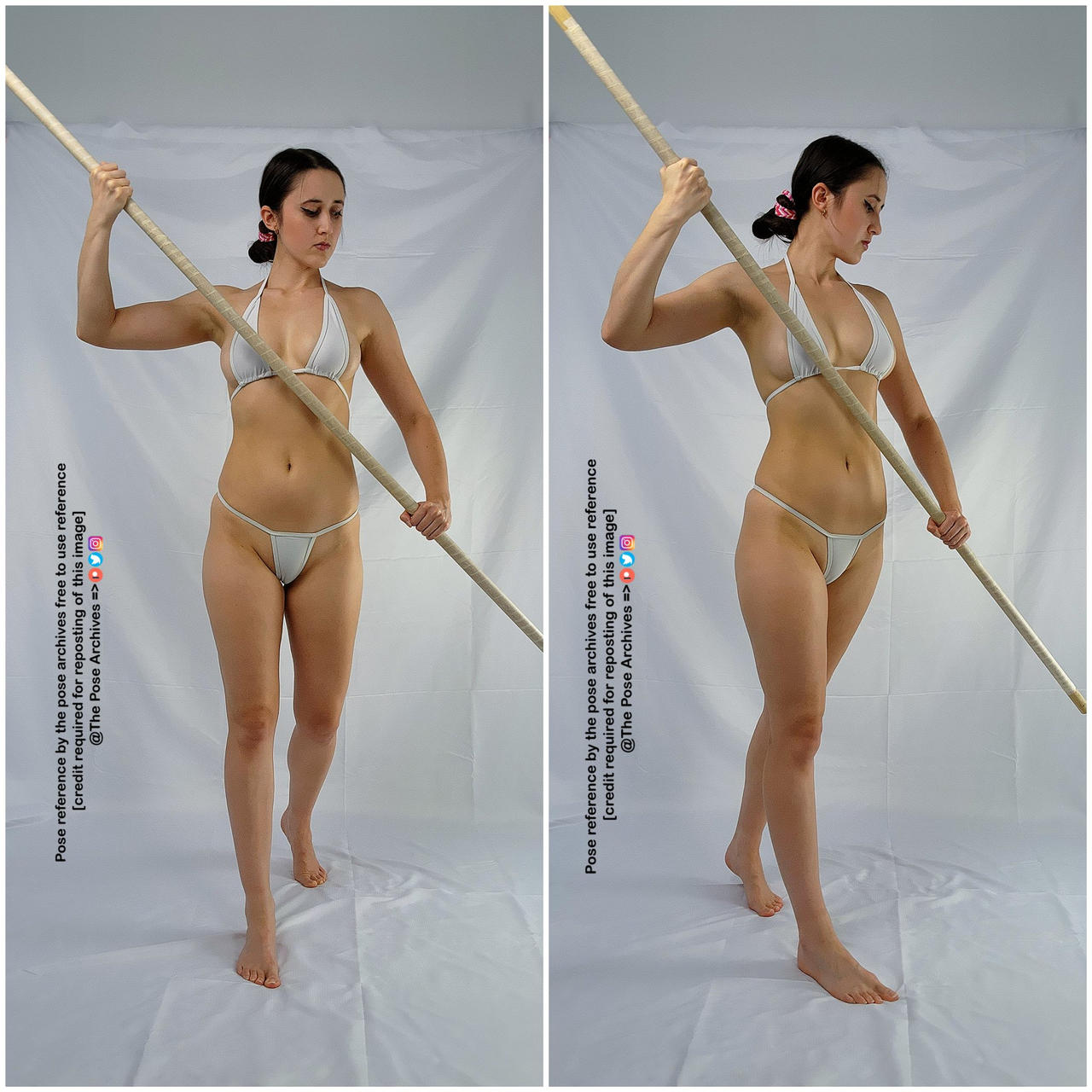 a woman in a white bikini and thong is holding a long wooden staff in both hands. she is standing in front of a white background and is facing to the right of the frame. she is looking down at the ground in both images, with her head turned to the left in the left image and to the right in the right image. the images are very similar, but her pose is slightly different in each one. there is text on the images that says "pose reference by the pose archives free to use reference [credit required for reposting of this image] @the pose archives =>".