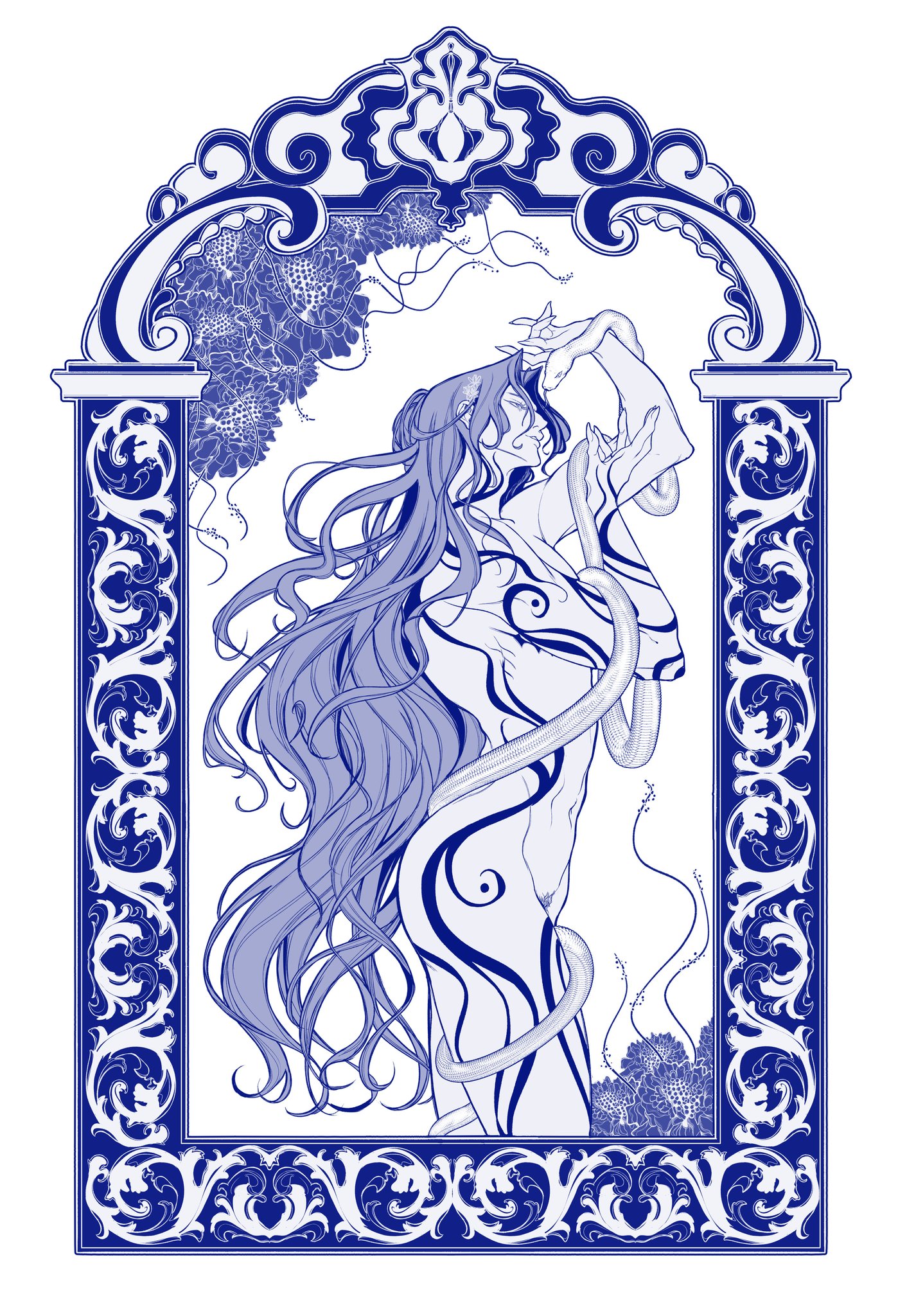 a woman with long flowing hair and a snake wrapped around her body stands in an ornate frame. the frame is decorated with intricate floral patterns and vines. the woman is depicted in a blue and white color scheme, reminiscent of traditional chinese porcelain.  the overall effect is one of elegance and mystery.