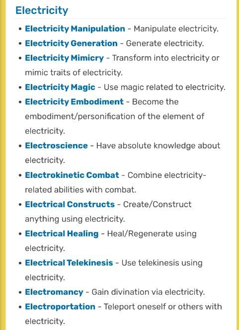 the image is a list of electricityrelated powers and abilities with descriptions, including manipulation, generation, mimicry, magic, embodiment, electroscience, electrokinetic combat, constructs, healing, telekinesis, electromancy, and electroportation.