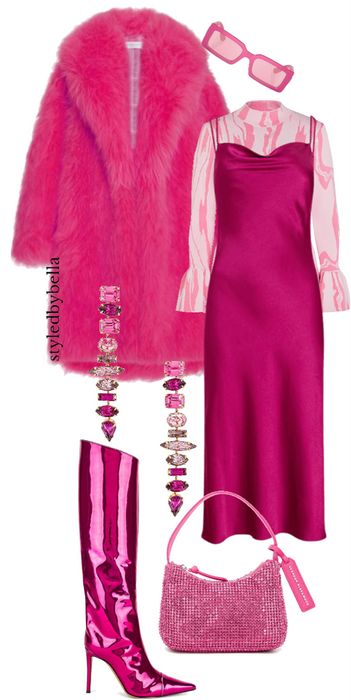 the image shows a fashion ensemble in various shades of pink. at the top left, there's a plush, oversized pink coat with a furlike texture. next to it are pink sunglasses with a square frame. below the coat, there are long, dangling earrings with pink gemstones. to the right of the coat is a pink dress with a camisolestyle top and a long skirt. completing the look is a small, pink, sparkling handbag with a shoulder strap, and a pair of highheeled, shiny pink boots with a pointed toe.