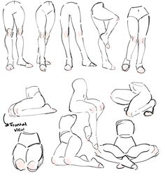 the image is a collection of sketches depicting various poses of legs and lower body anatomy. the drawings are done in a loose and expressive style, focusing on capturing the form and movement of the human body rather than realistic detail. the sketches are in black and white with light pink accents to highlight certain areas. they seem to be intended as reference material for artists learning to draw.