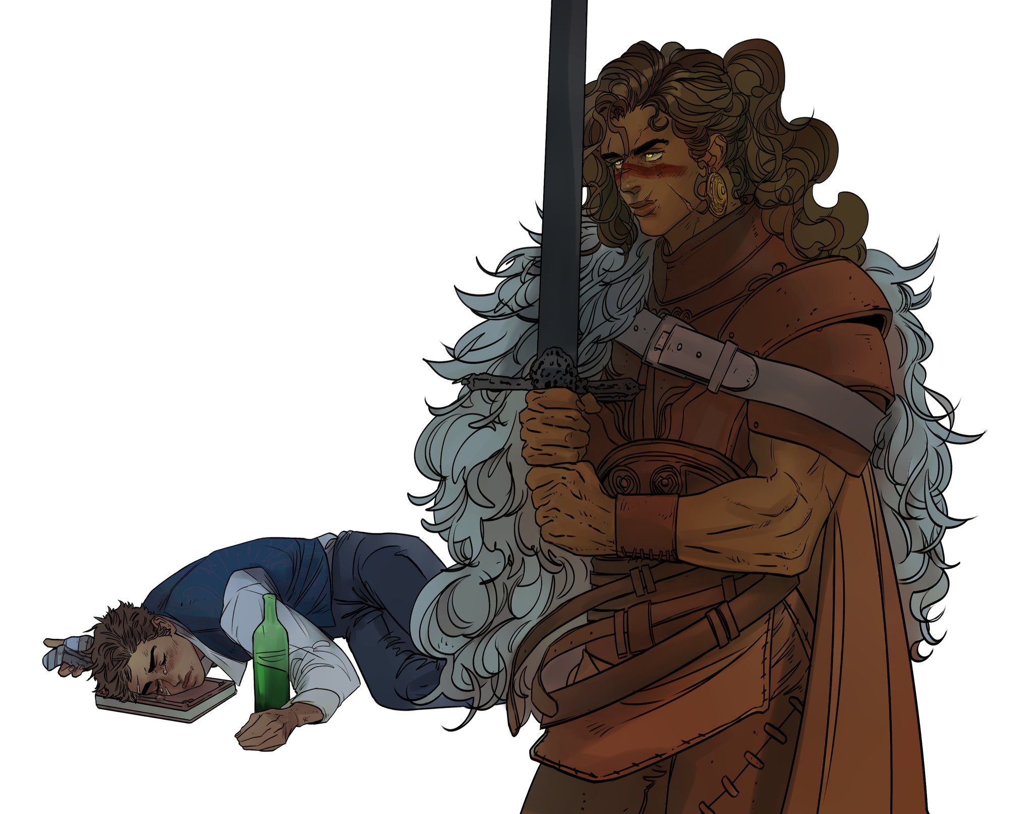 the illustration depicts a brownskinned warrior with curly brown hair holding a large sword while standing over a sleeping male with dark hair. the warrior wears a reddishbrown colored armor over a furry garment. the sleeping male is lying down with his head resting on a book. a green bottle is placed beside him on the floor.