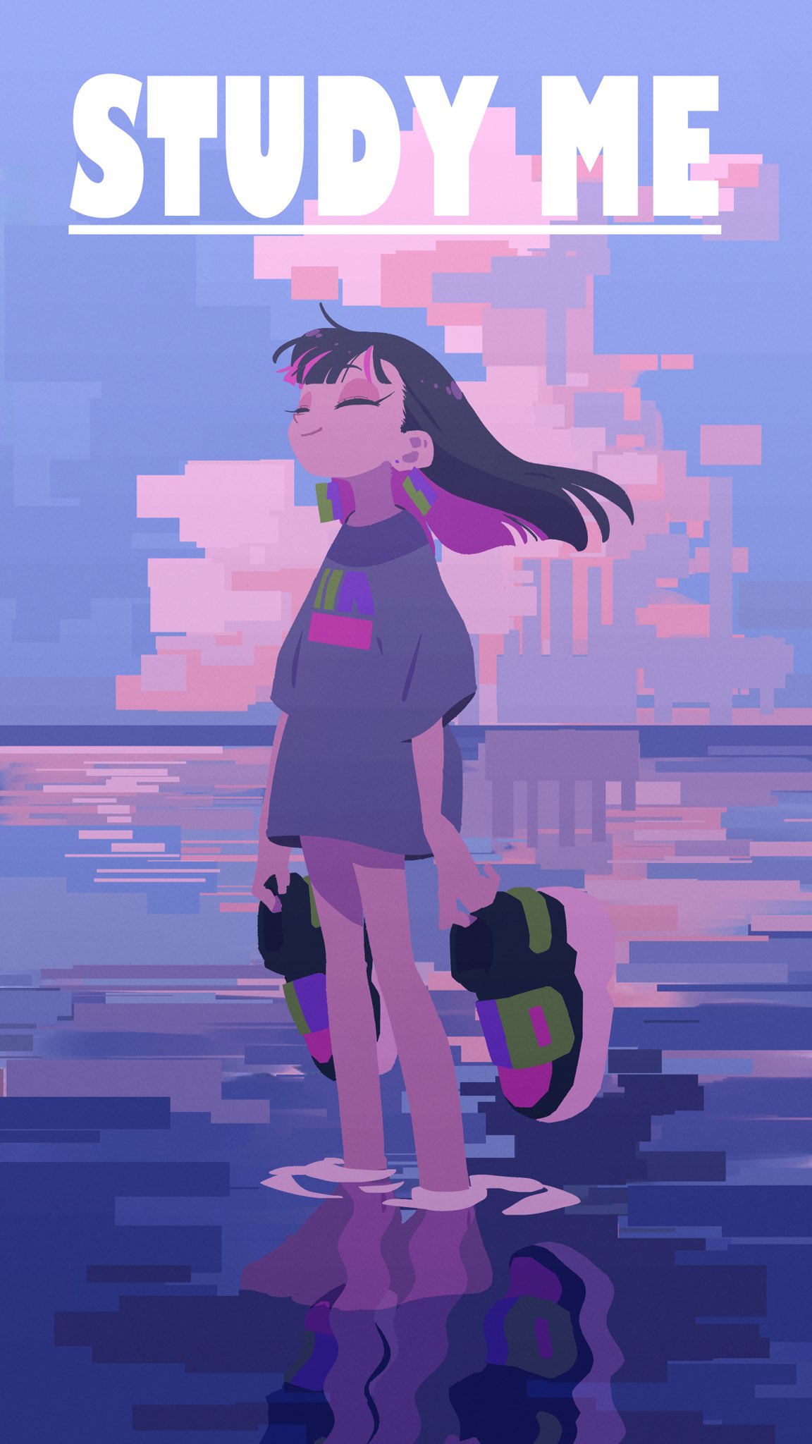a young woman with pink highlights in her hair stands barefoot on a beach at sunset. she's holding her shoes and smiling with her eyes closed. the art style is pixelated, with a vaporwave aesthetic. the text "study me" is written above her head.
