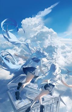the illustration showcases two animestyle girls seemingly flying amidst a backdrop of fluffy white clouds and a vibrant blue sky. one girl, with long flowing turquoise hair, is depicted in a dynamic pose, her body arched backward as if caught in a gust of wind. she wears a white and blue sailorstyle uniform.  the second girl, with similarly long silver hair, appears to be reaching out, her body also flowing gracefully in the wind. she wears a white and black uniform. the girls' movements and the billowing clouds create a sense of energy and freedom. the low angle perspective emphasizes the vastness of the sky and adds to the feeling of weightlessness and flight. the overall color palette is dominated by various shades of blue and white, contributing to the ethereal and dreamy atmosphere of the image.