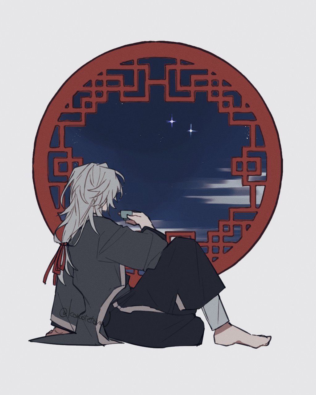 this digital illustration features a whitehaired anime character sitting in a relaxed pose by a window. the character is dressed in black clothing and has long, flowing hair. they are looking out at the night sky, which is filled with stars and clouds. the window is framed by a traditional chinese or japanese design, adding to the overall sense of peace and serenity. the character seems to be enjoying a cup of tea, adding to the tranquil atmosphere of the illustration.
