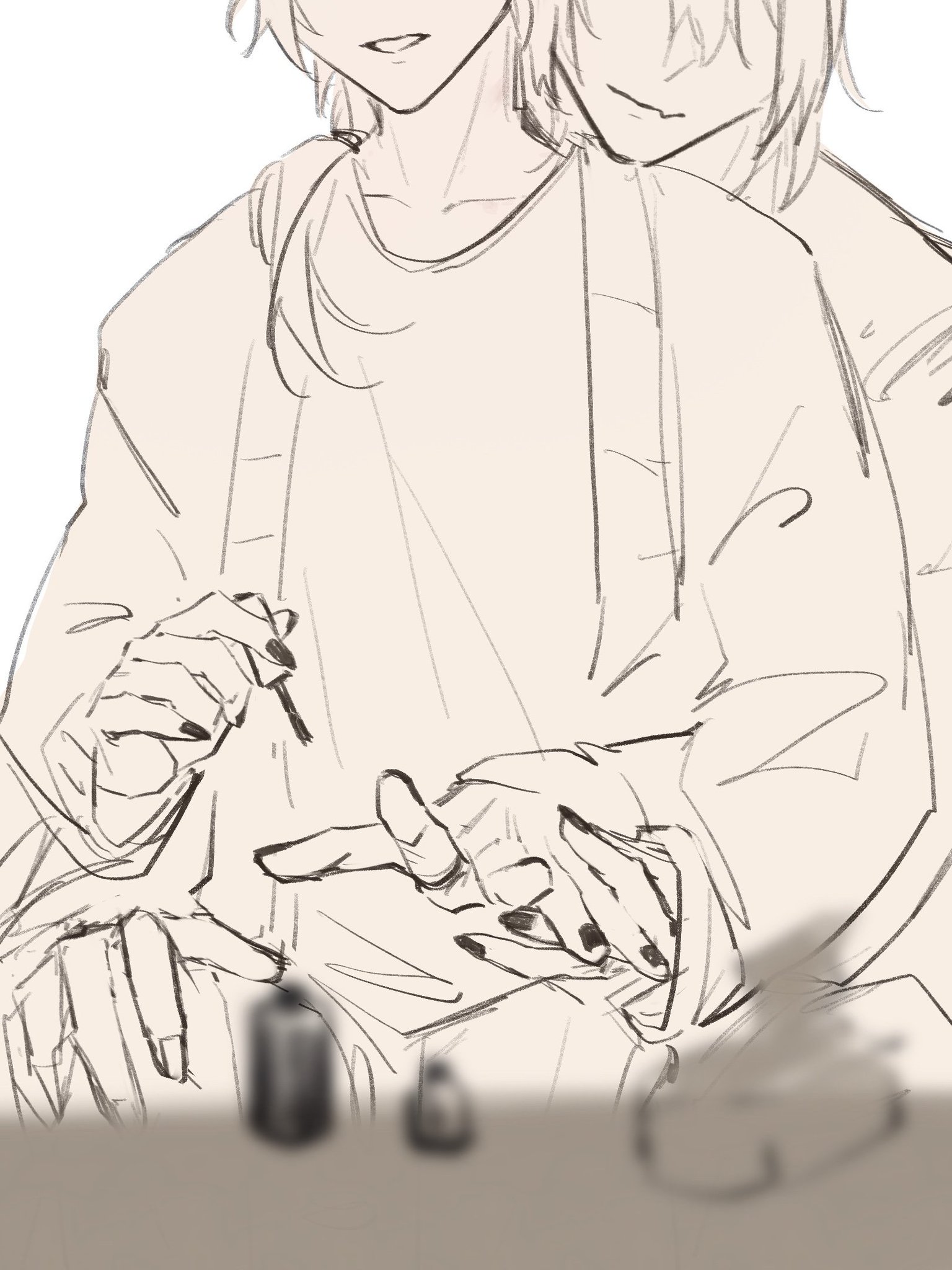a black and white sketch of two anime characters, one with their arm around the other. the character in front is holding a bottle of nail polish and painting the other character's nails. the characters appear to be in a loving and romantic relationship.