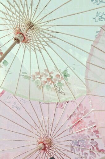 two traditional japanese parasols in pink and white are stacked on top of each other. the top one is light green and has a delicate floral pattern. the bottom one is pink and has a more detailed flower pattern. the parasols are both made of a thin fabric that is transparent, and the floral patterns are visible through it. the image is taken from the perspective of looking up at the parasols, and the background is blurred.  the parasols look delicate and beautiful, they are traditional and elegant. they are made of thin fabric, like silk, and have a floral pattern that is traditional in design. the colors are soft and calming, and the image is taken from a unique perspective.  this is a beautiful and serene image that evokes a sense of peace and tranquility.