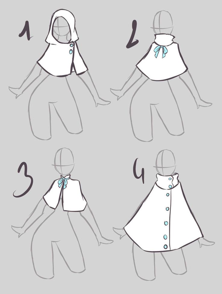 this is a sketch of 4 different cape designs for a woman, numbered from 1 to 4.  all of the capes are white and have a simple, clean design. the first cape is a hooded cape with a shorter length. the second cape is a longer cape with a bow. the third cape is a shorter cape with a bow. the fourth cape is a longer cape with a button down closure.