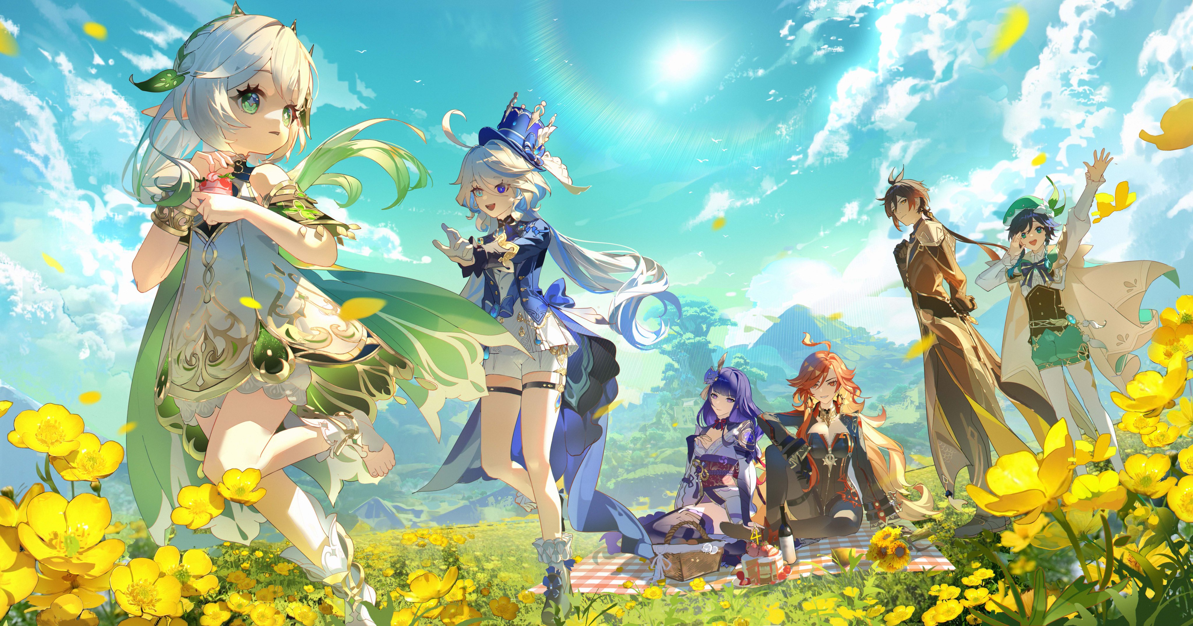 this is a vibrant and whimsical illustration featuring several characters from the popular video game genshin impact. the characters, klee, ganyu, venti, diluc, and fischl are depicted enjoying a picnic in a sunny meadow filled with bright yellow buttercups.  the art style is animeinspired, with each character possessing unique and detailed designs. the overall atmosphere is cheerful and idyllic, capturing a sense of summer fun and adventure.