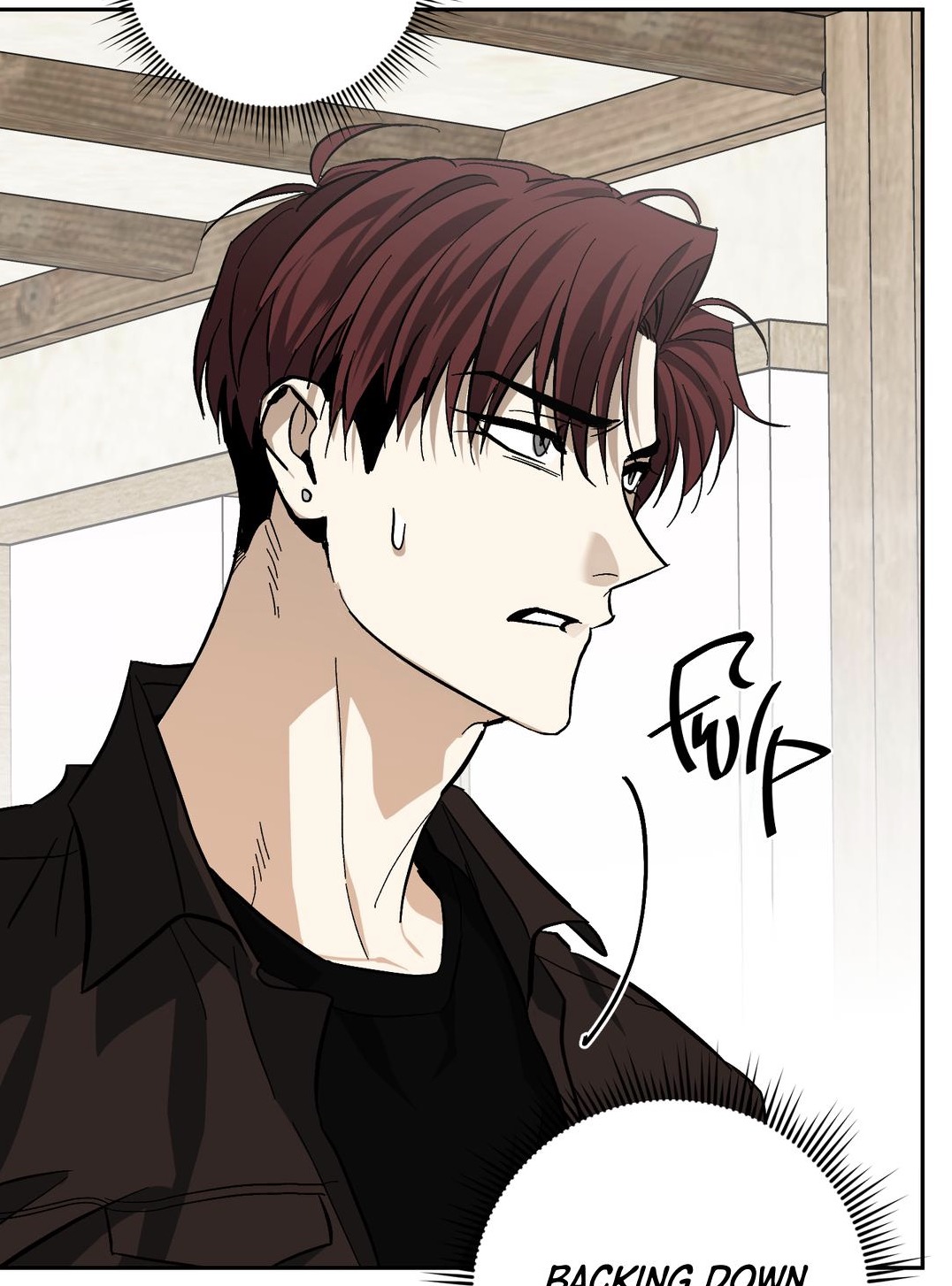 closeup of an animestyle illustration of a man with reddishbrown hair, wearing a dark jacket. he has a frustrated or angry expression on his face.  the background is a simple room setting. text bubbles include "backing down".  the art style suggests a graphic novel or manga.
