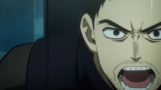 a closeup shot of a man with short, dark hair and stubble on his face. his eyes are wide with intensity, and his mouth is open in a yell. the background is blurry, suggesting a sense of motion or urgency. the overall palette is dark and muted, with a focus on shadows and highlights.
