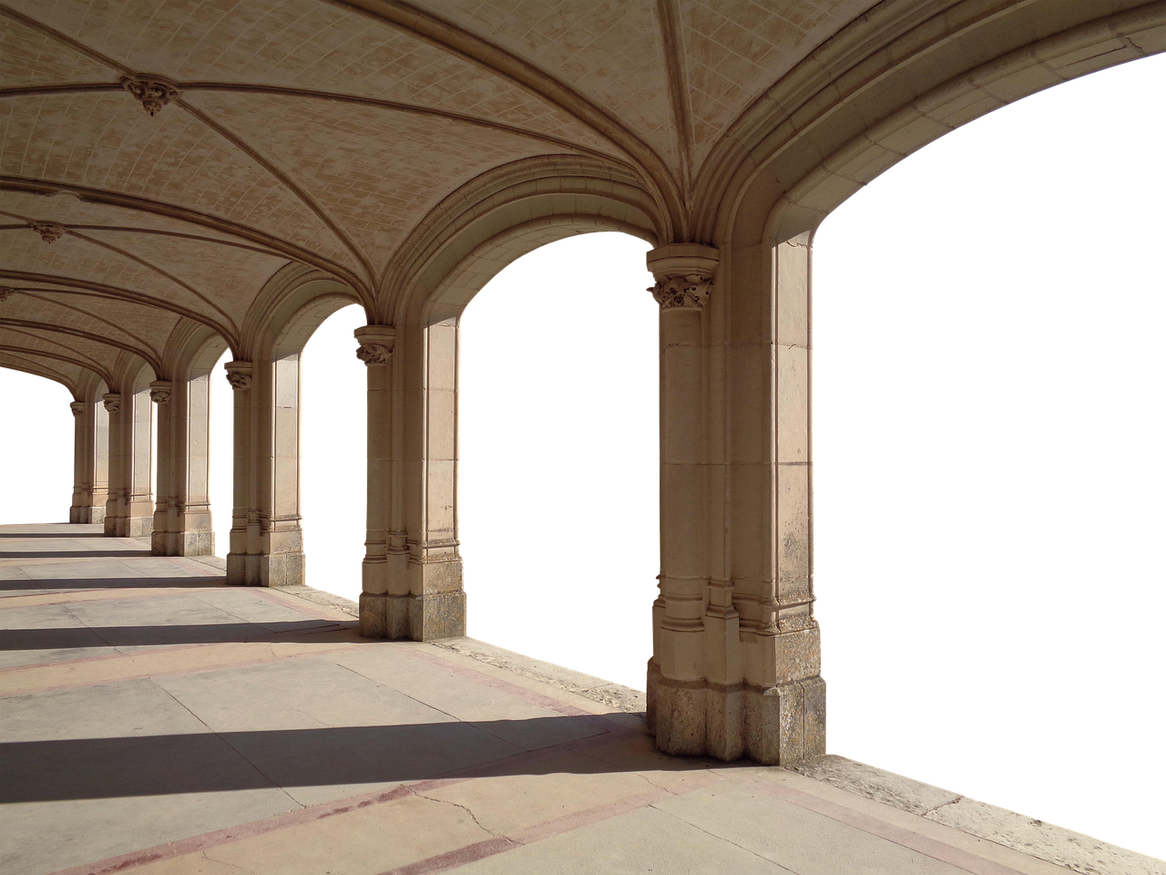 the image shows a row of arches and columns forming a walkway or corridor. the structure is made of stone or masonry, and the arches create a repeating pattern along the length of the walkway. shadows are cast by the columns, adding depth and dimension to the scene. the area outside the arches is black. the style appears to be related to gothic architecture.