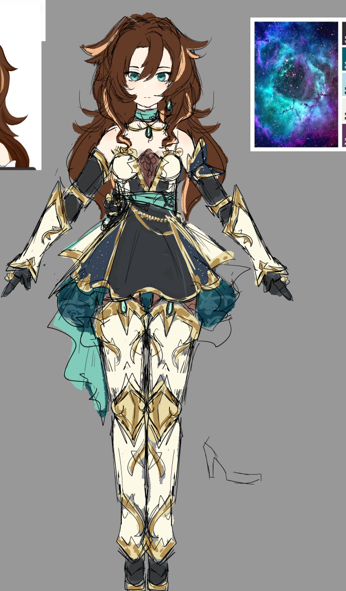 a digital illustration showing the concept for a female character with long brown hair wearing an elaborate fantasy outfit that is a mix of a dress and armor, potentially inspired by a galaxy color scheme.