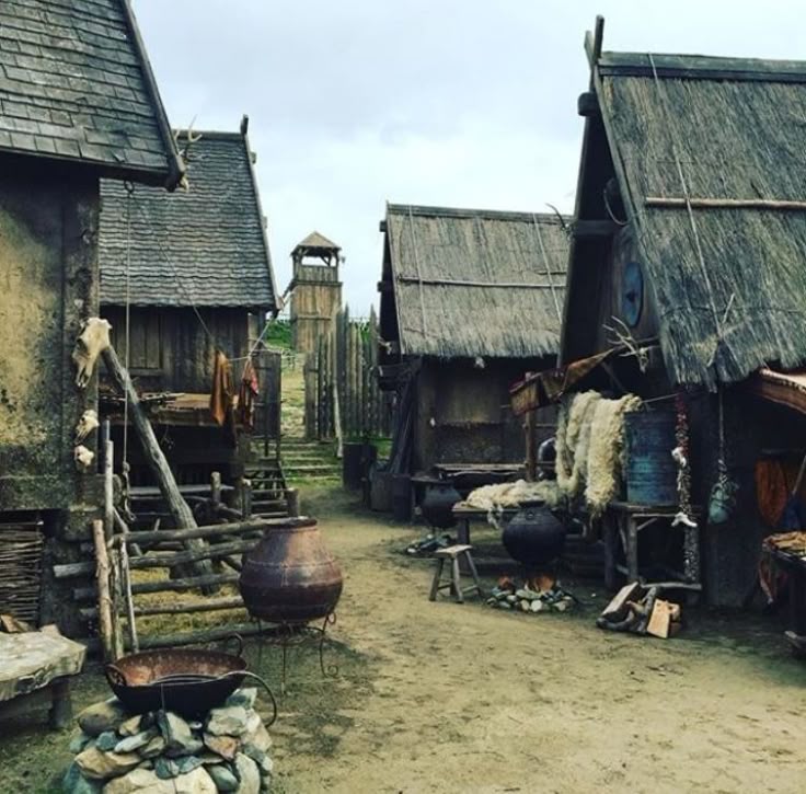the image shows a rustic village with thatchedroof buildings and wooden structures. there are various pots and a large cauldron visible, along with a tower in the background. the village has a historic and rustic feel, and appears to be an outdoor settlement with a dirt path and wooden fence. an animal skull hangs on one of the buildings and furs are draped over a stand.