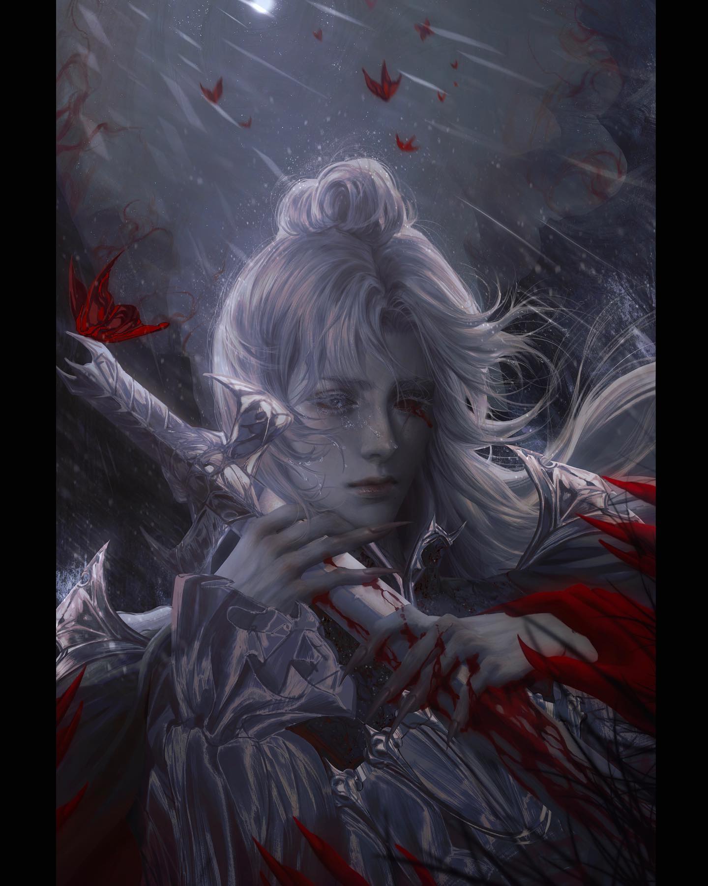 a closeup portrait of a wounded male elf warrior against a dark, snowy forest backdrop at night.  he has white hair, pale skin, and piercing red eyes,  with a single bloody tear track running down his face. he clutches a bloodied sword, his  white and silver armor splattered with blood.  red, paper butterflies flutter down around him, contrasting sharply with the  dark, somber atmosphere.  the dramatic lighting and closeup perspective create a sense of urgency and  danger.
