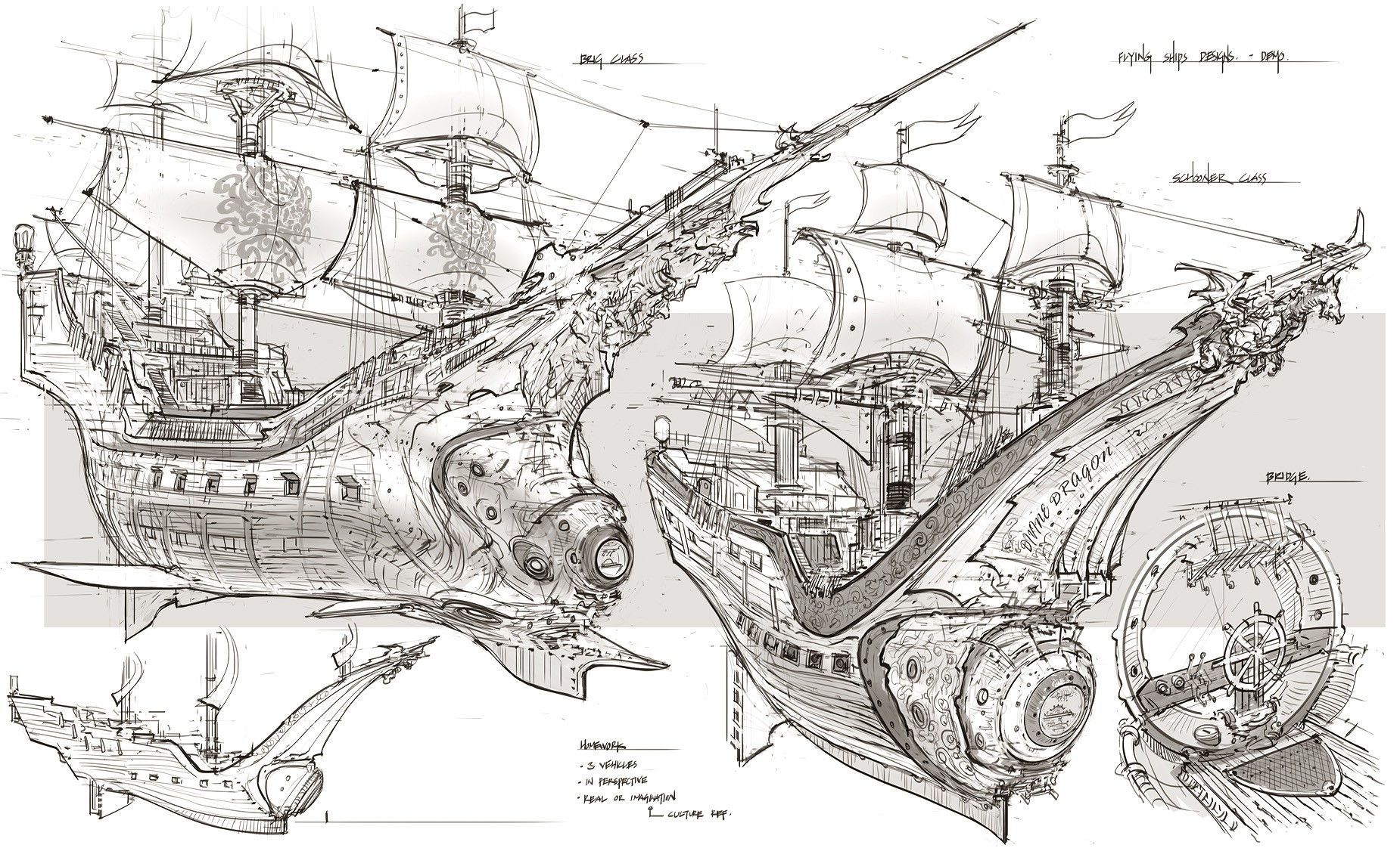 this is a collection of detailed sketches depicting a fantastical steampunk ship. the ship boasts a traditional sailing ship structure, but with elaborate mechanical enhancements and a dragonlike design. large gears, pipes, and vents are integrated into its wooden hull, hinting at a powerful steampowered engine. the ship's prow is shaped like a dragon's head, complete with horns and a gaping maw. this suggests a vessel designed not only for travel but potentially for combat or intimidation. the sketches explore the ship from various angles, offering a comprehensive view of its design.