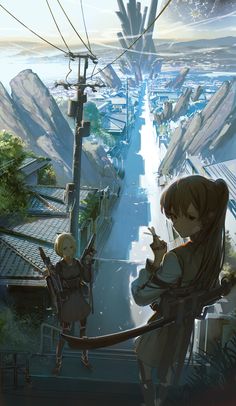 the image is a digital illustration of two female characters in a postapocalyptic setting. the environment is a destroyed city with mountains in the background.  the perspective is from above, looking down a street. the lighting is bright and sunny, casting long shadows. the overall palette is cool and muted, with blues and grays dominating. both girls are armed, one holding a sword and the other a gun. the girl in front is drawn in a more realistic style, while the girl in the back is drawn in a more stylized anime style. the image has a sense of action and adventure.