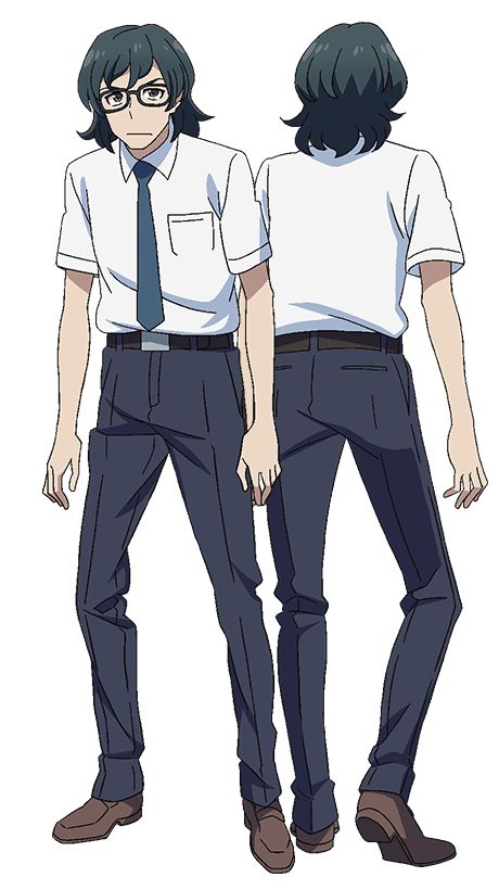 the image shows the front and back view of a male anime character design. the character is a young man with dark green hair and glasses. he is wearing a white shortsleeved shirt, a blue tie, dark blue pants, and brown shoes. the style is typical of anime, with large eyes, stylized hair, and a slim build. the background is plain white, and the lighting is flat.