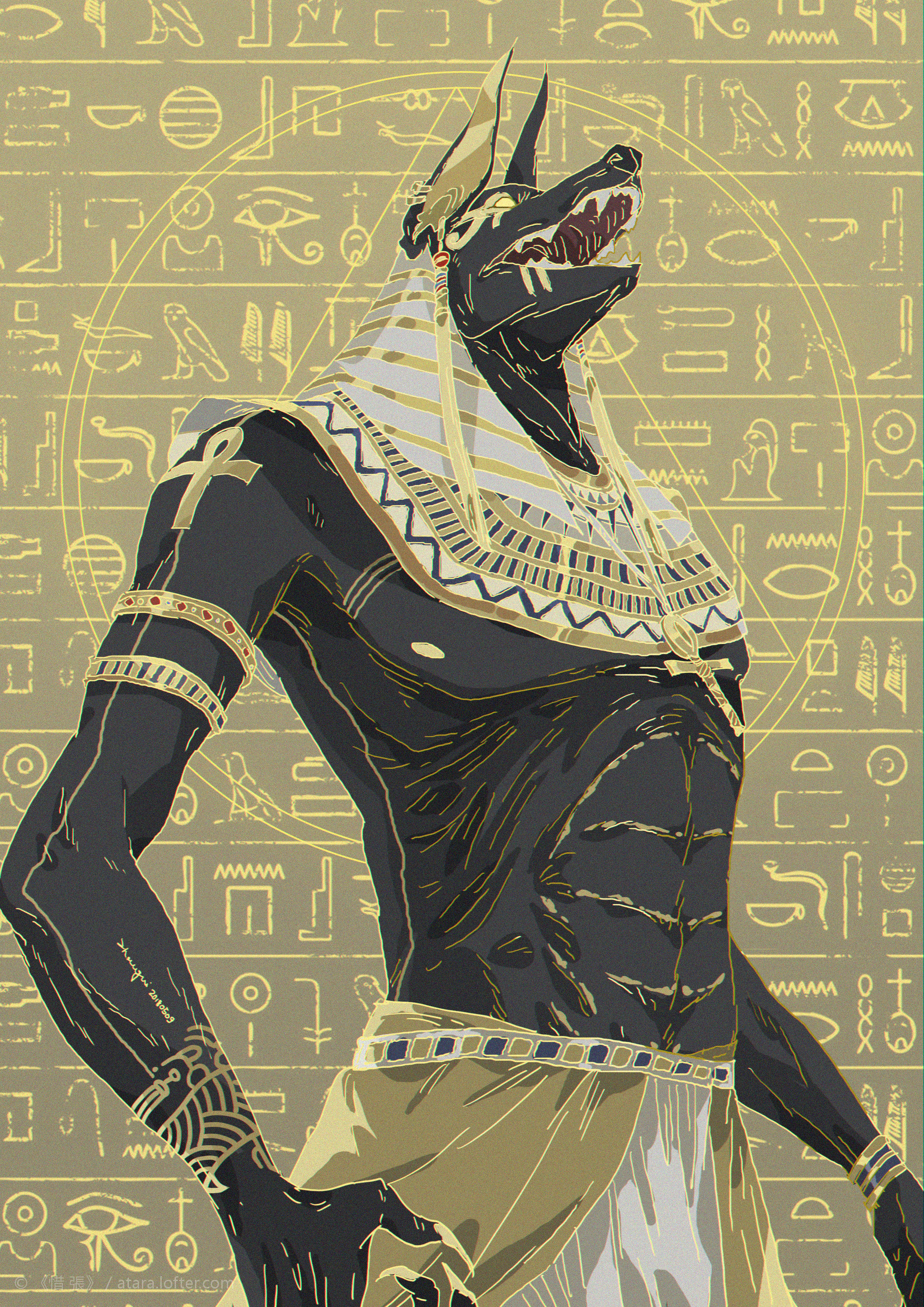 a detailed illustration of the egyptian god anubis standing against a backdrop of egyptian hieroglyphics. anubis is depicted as a jackalheaded man with a golden collar and a headress. he is standing in a powerful pose with a fierce expression on his face. the image is drawn in a stylized, graphic style and the colors are vibrant and contrasting.