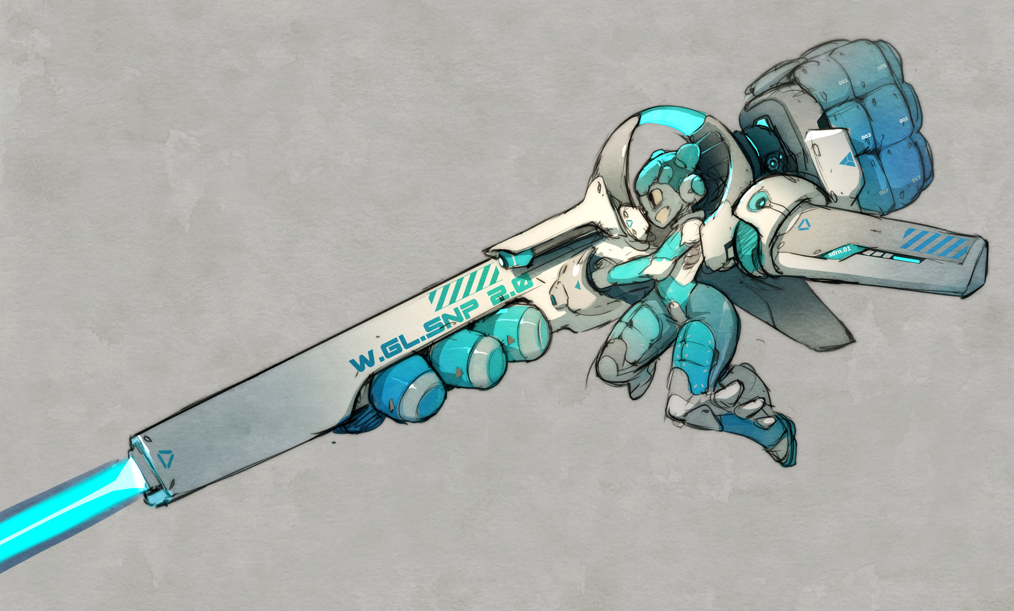 a digital illustration of a futuristic robot wielding a weapon. the robot is white and blue, with a grey background. the weapon is a long, gunlike device with a blue beam of energy coming out of it. the robot is holding the weapon in a firing position. the illustration is stylized and dynamic, with a sense of action and power. the robot's design is both sleek and imposing, giving it a sense of both agility and menace. the illustration is a creative and imaginative depiction of a future world where robots are commonplace and technology is advanced.
