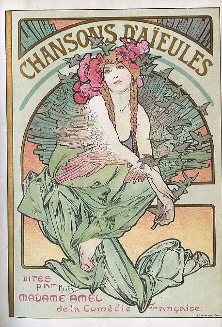 this is an art nouveau poster, likely by alphonse mucha, advertising "chansons d'aïeules". it features a woman with red flowers in her hair and long braids, wearing a green dress. she is surrounded by stylized birds. the poster also includes text mentioning "madame amel" and "de la comédie française".