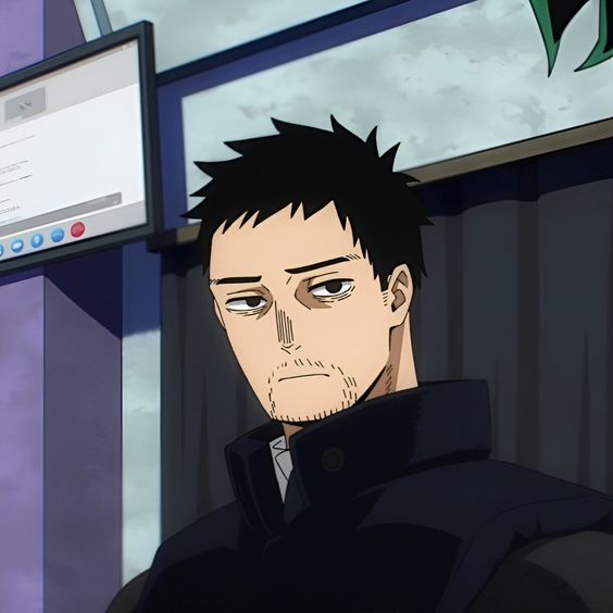 the image showcases a male anime character with a tired or bored expression. he has short, dark hair with noticeable lines under his eyes and some stubble on his chin. he is wearing a dark navy blue jacket with a white collar underneath. the setting appears to be indoors, possibly an office or control room, with computer monitors visible in the background. the lighting is bright, casting subtle shadows on the character's face. the image uses a stylized art style with bold lines and a limited color palette.